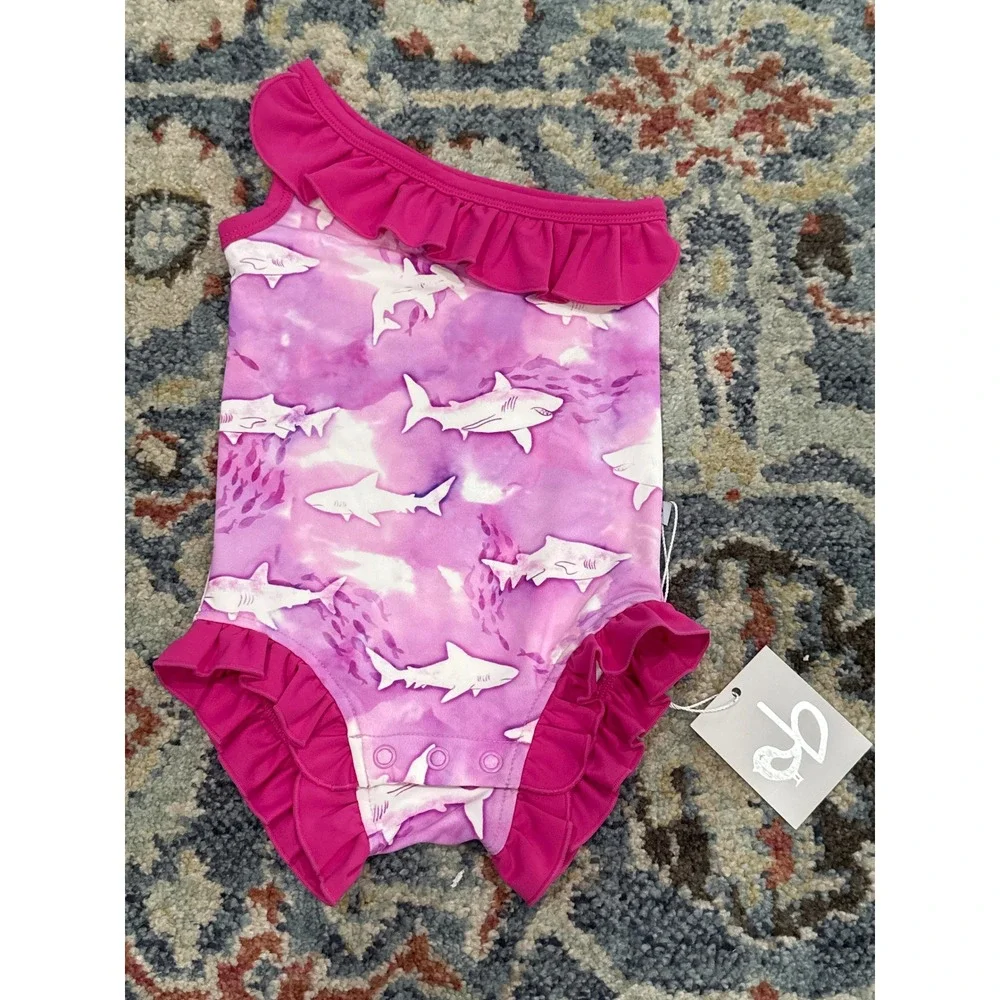 Birdie Bean Swimsuit Girls 12-18m Pink Shark One Sleeve Ruffle One Piece NWT